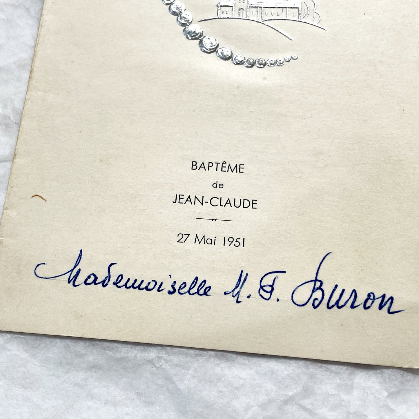 1950s - Vintage Baptism Menu Card - Jean-Claude Ceremony - 1951 - Elegant Silver Embossed Design - Classic Cuisine Celebration Memento