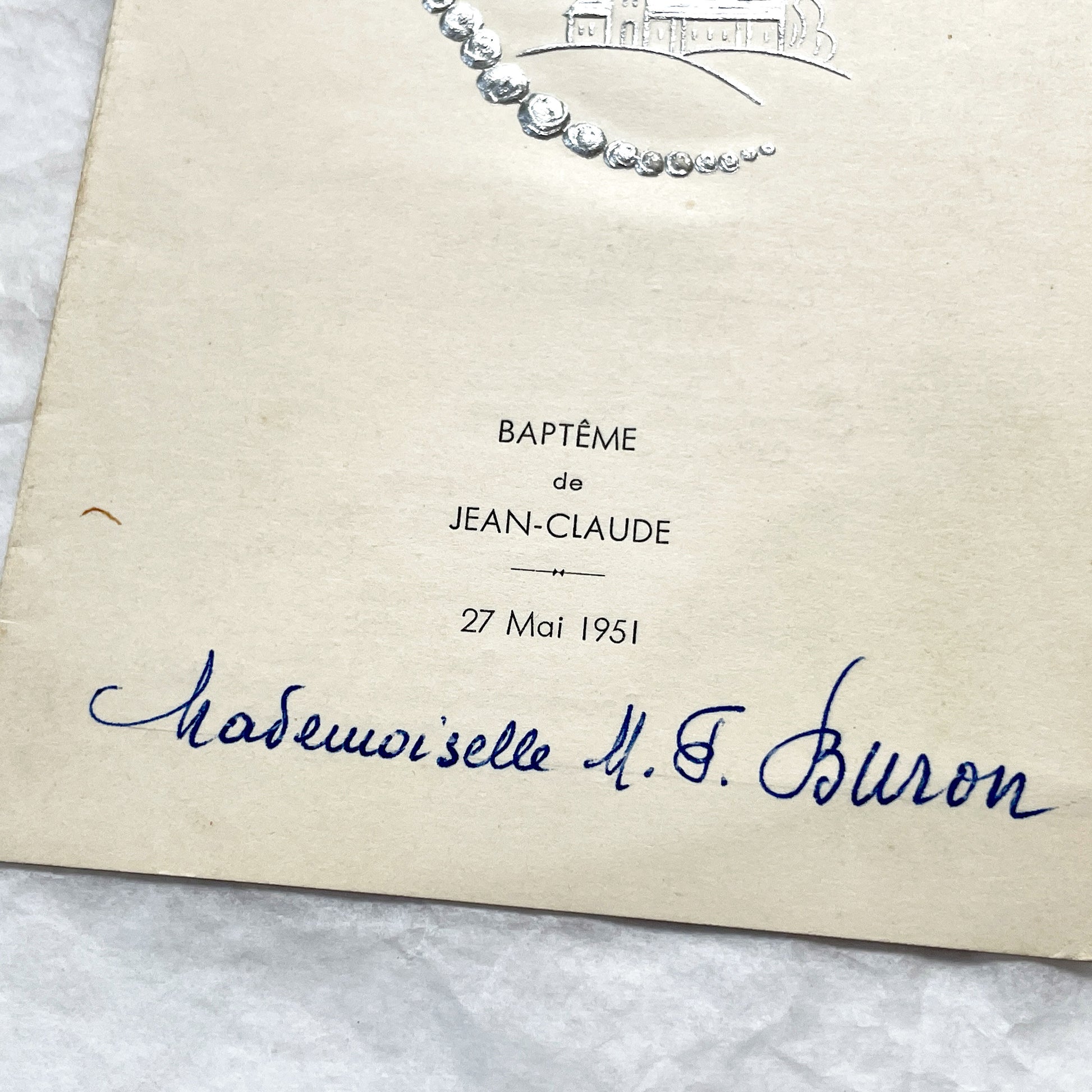 1950s - Vintage Baptism Menu Card - Jean-Claude Ceremony - 1951 - Elegant Silver Embossed Design - Classic Cuisine Celebration Memento