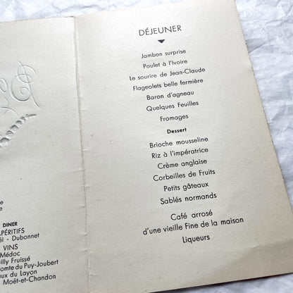 1950s - Vintage Baptism Menu Card - Jean-Claude Ceremony - 1951 - Elegant Silver Embossed Design - Classic Cuisine Celebration Memento