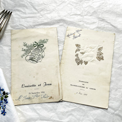 1950s - Two Vintage French Wedding Menus - Collectible Mid-Century Bridal Ephemera - Set of Two Antique Ceremony Documents