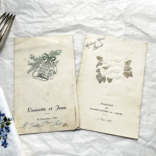 1950s - Two Vintage French Wedding Menus - Collectible Mid-Century Bridal Ephemera - Set of Two Antique Ceremony Documents