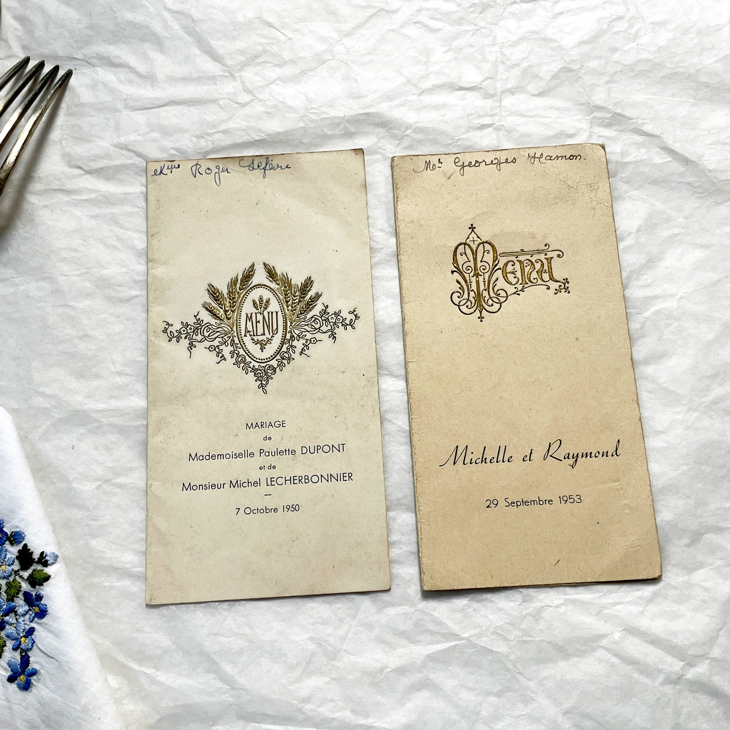 1950s - Vintage French Wedding Menu Pair - Two Antique Dinner Party Programs - Collectible Gastronomy Ephemera Set