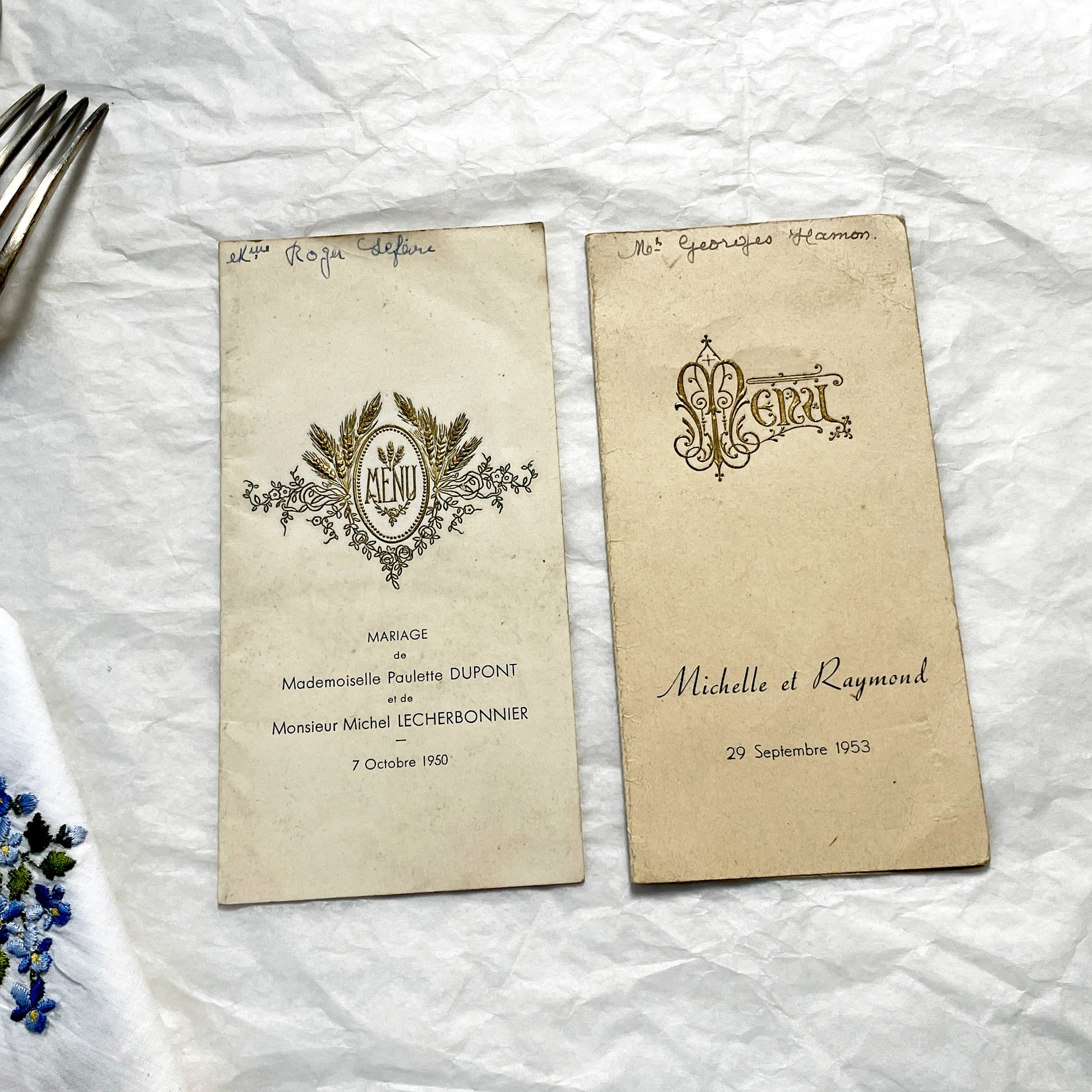 1950s - Vintage French Wedding Menu Pair - Two Antique Dinner Party Programs - Collectible Gastronomy Ephemera Set