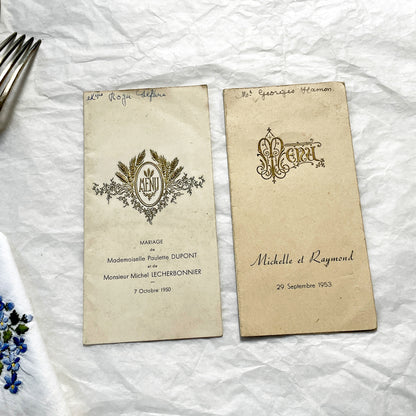 1950s - Vintage French Wedding Menu Pair - Two Antique Dinner Party Programs - Collectible Gastronomy Ephemera Set