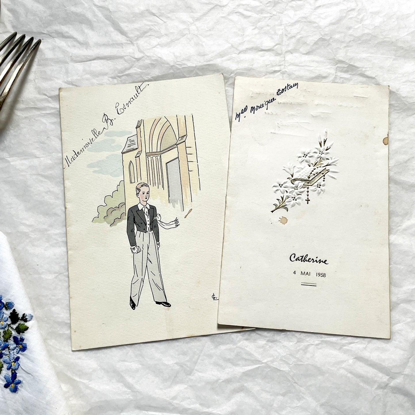 1950s - Two Vintage French Religious Celebration Menu - First Communion - Elegant Embossed Design - Dinner And Lunch Dishes