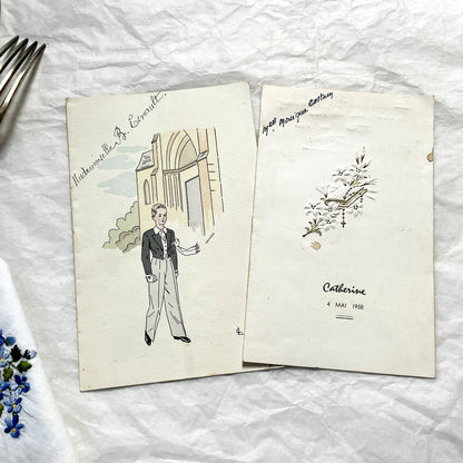 1950s - Two Vintage French Religious Celebration Menu - First Communion - Elegant Embossed Design - Dinner And Lunch Dishes