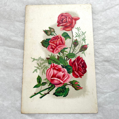 1930s vintage postcard lot featuring four unique illustrations of vibrant red and pink roses with green leaves, floral art.