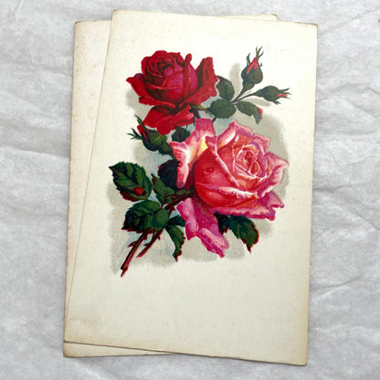 1930s vintage postcard lot featuring four unique illustrations of vibrant red and pink roses with green leaves, floral art.