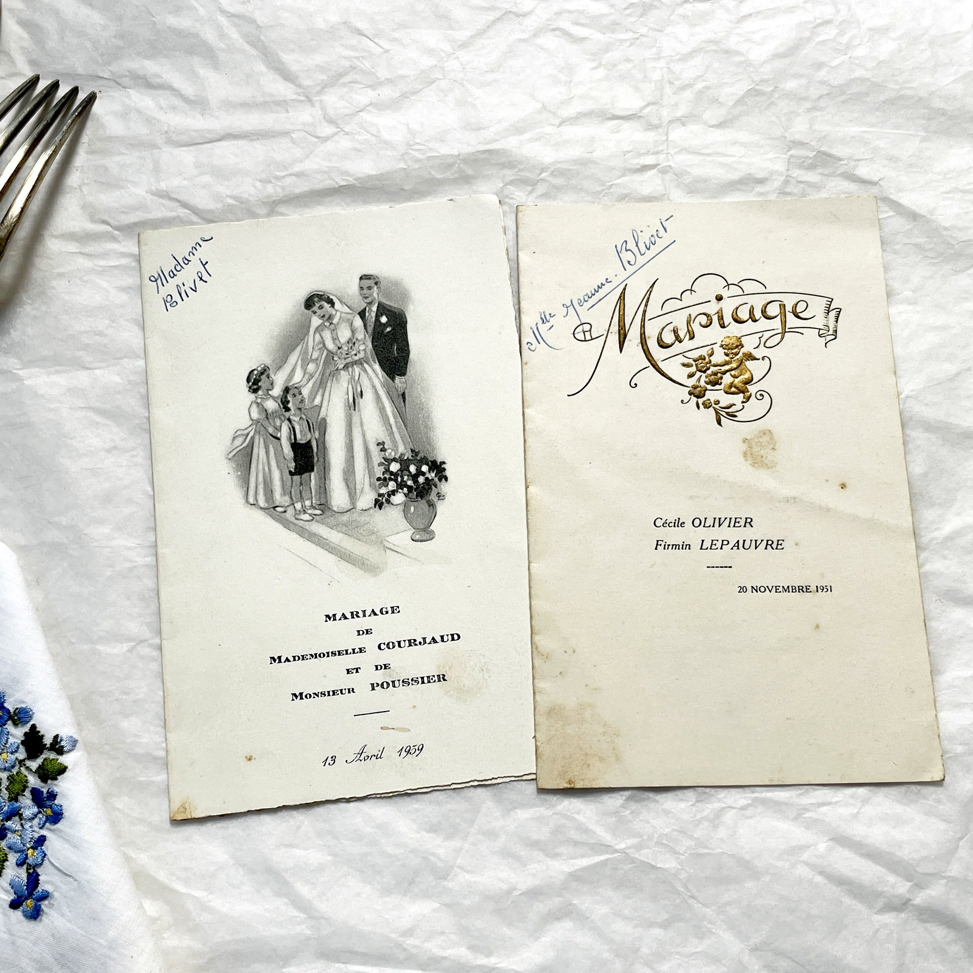 1950s - Two Vintage French Wedding Menus - Marriage - Cherub Ornate Cover - Antique Dinner Lunch Program - Paper Ephemera