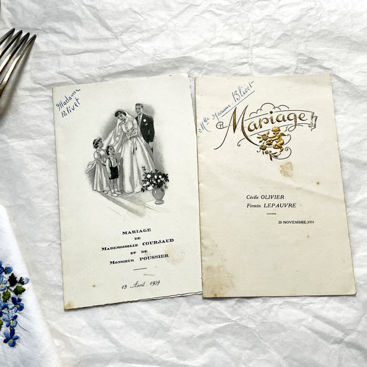 1950s - Two Vintage French Wedding Menus - Marriage - Cherub Ornate Cover - Antique Dinner Lunch Program - Paper Ephemera