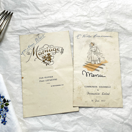 1950s - Two Vintage French Menus - Wedding Menu - Communion Menu - Vintage Collectible Paper Ephemera