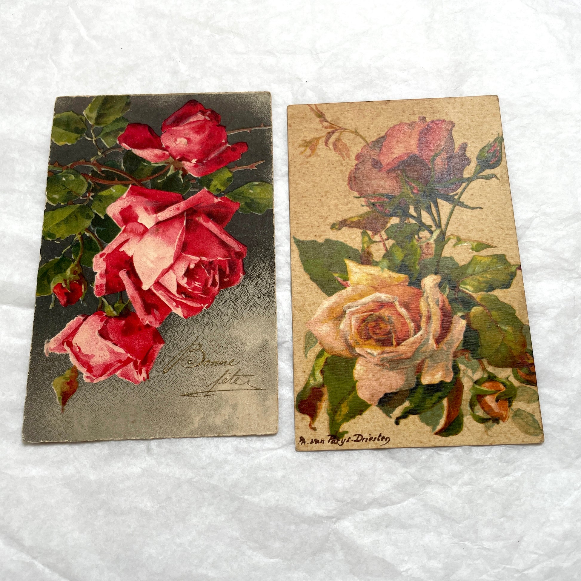 1930s lot of two antique French postcards with vibrant red and soft peach floral rose designs.