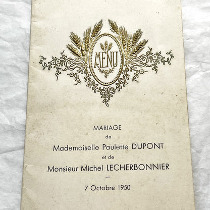 1950s - Vintage French Wedding Menu Pair - Two Antique Dinner Party Programs - Collectible Gastronomy Ephemera Set