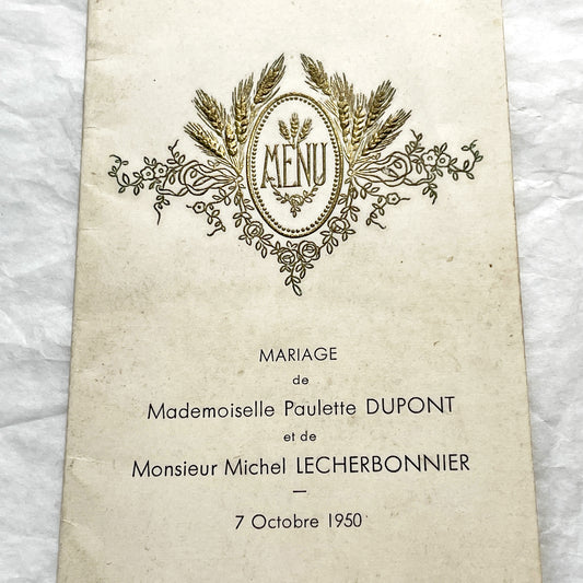 1950s - Vintage French Wedding Menu Pair - Two Antique Dinner Party Programs - Collectible Gastronomy Ephemera Set
