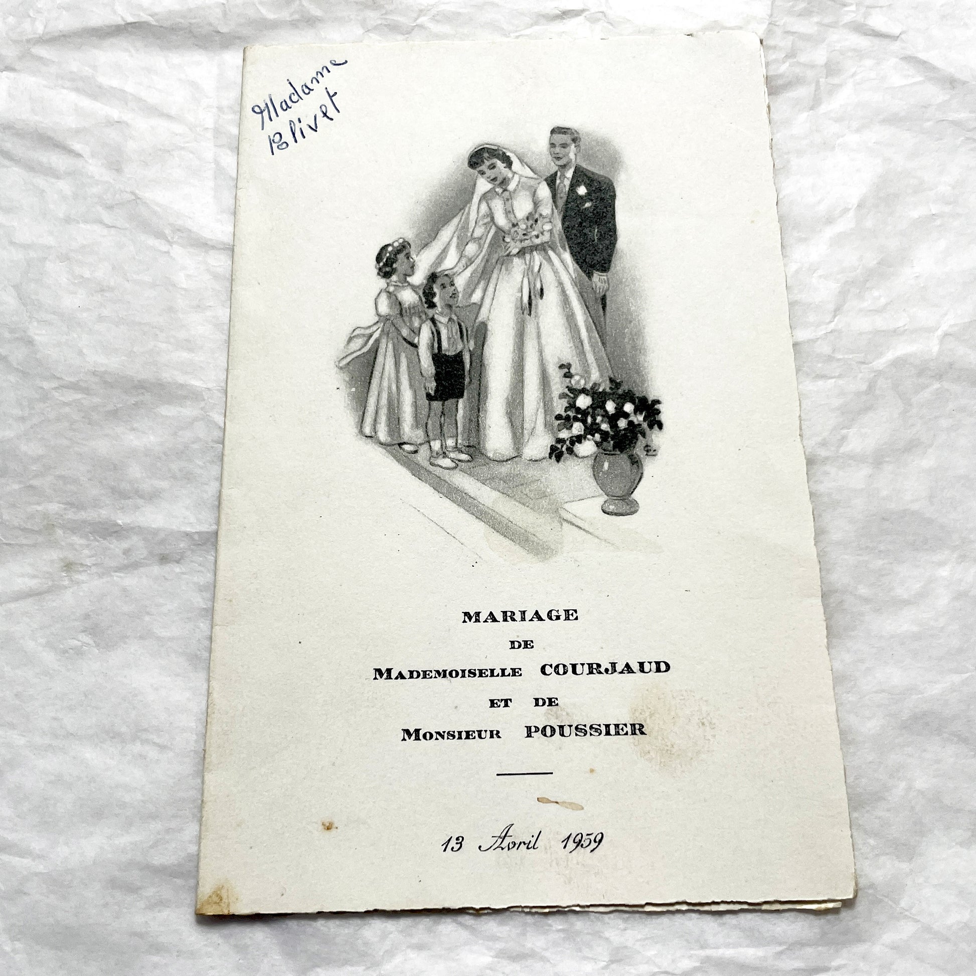 1950s - Two Vintage French Wedding Menus - Marriage - Cherub Ornate Cover - Antique Dinner Lunch Program - Paper Ephemera