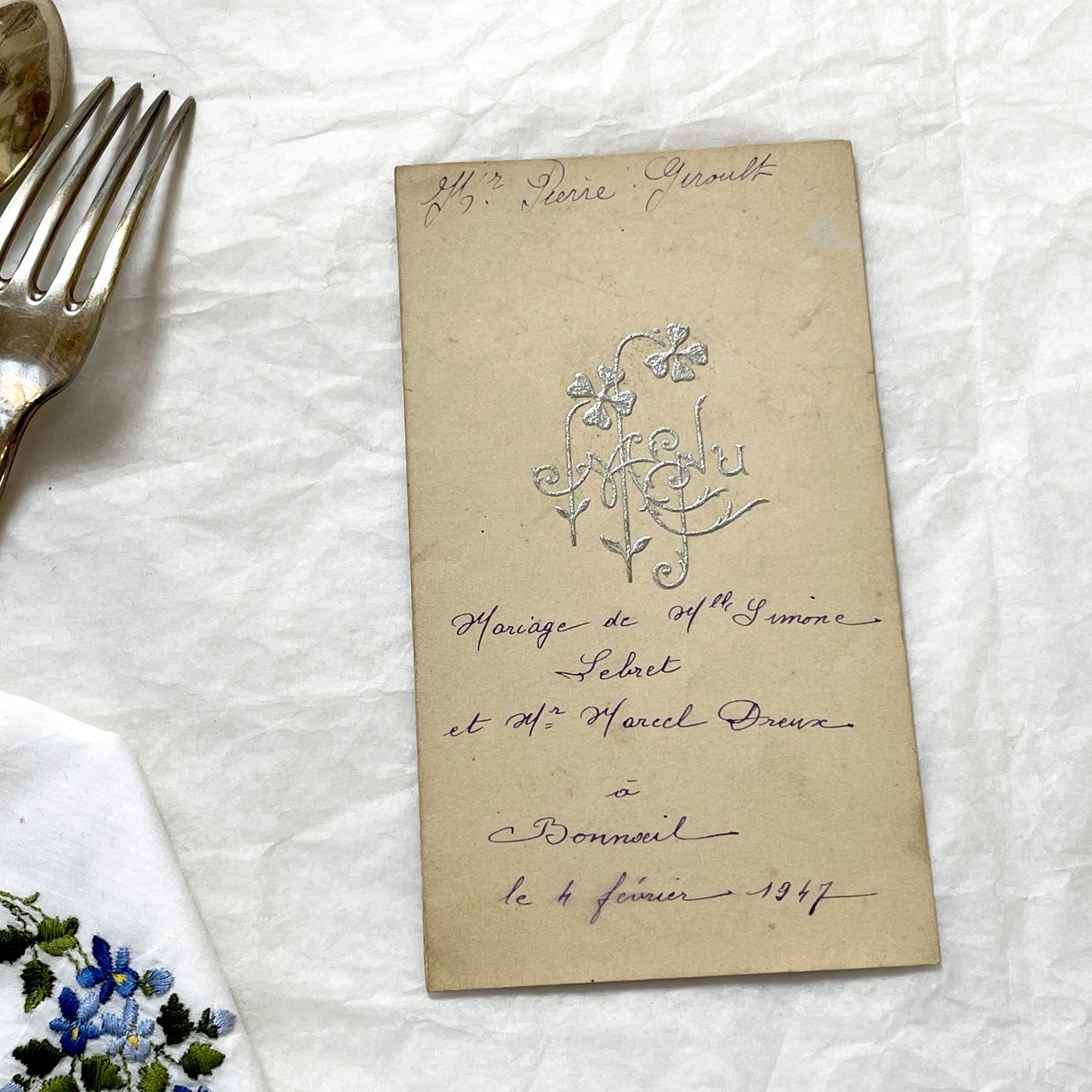 1940s - Vintage French Wedding Menu Card - Antique Bridal Dinner Lunch - Special Event Ephemera - 1947 - Simone and Marcel Marriage