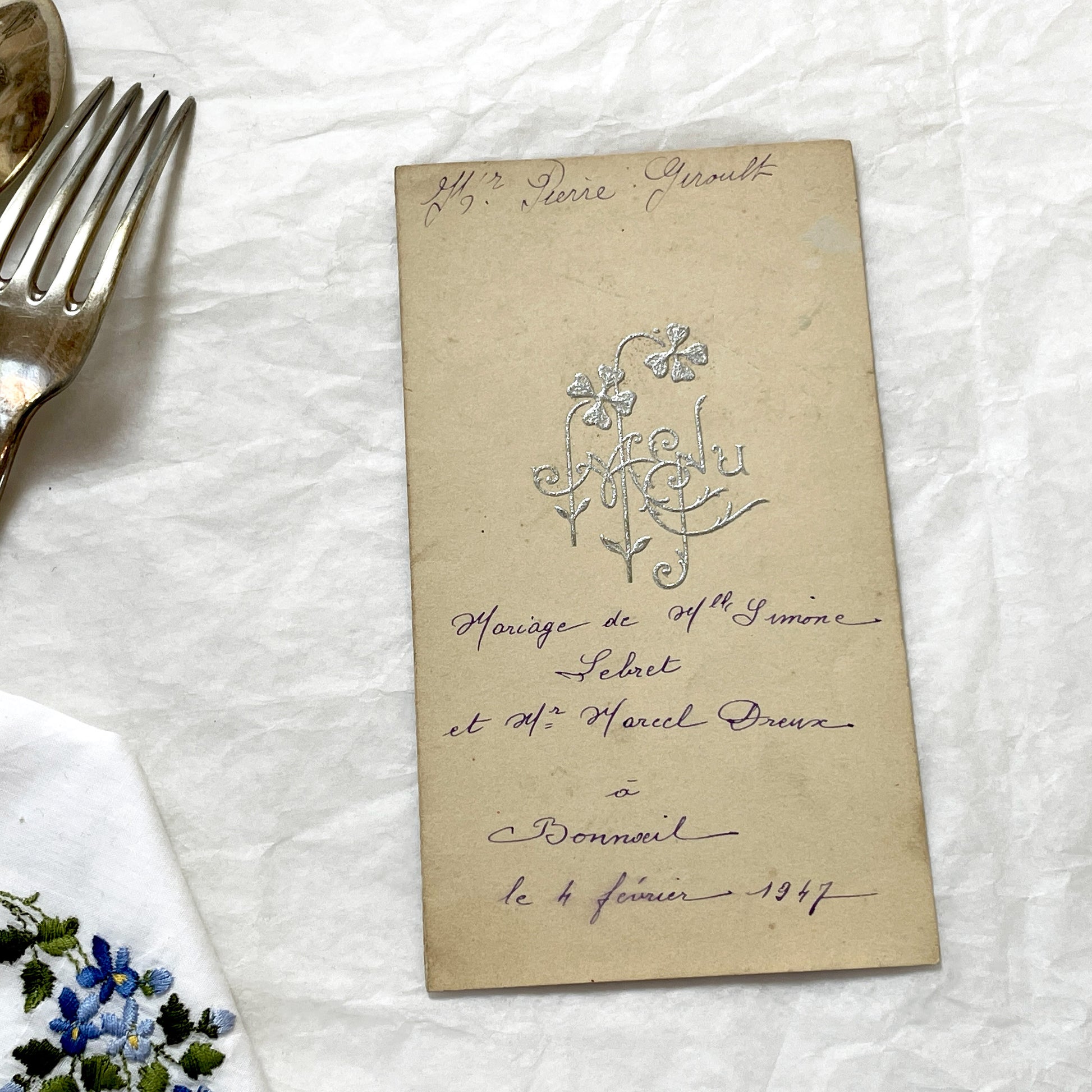 1940s - Vintage French Wedding Menu Card - Antique Bridal Dinner Lunch - Special Event Ephemera - 1947 - Simone and Marcel Marriage