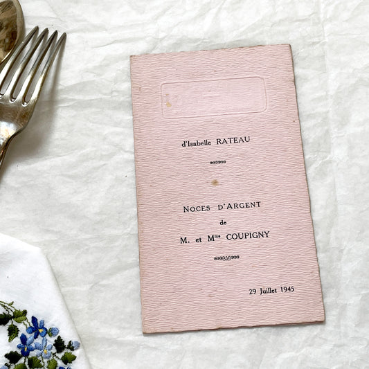 1940s - French Vintage Silver Wedding Anniversary Menu - 1945 Post War Event - Historical Culinary Document - Elegant Pink Cardstock