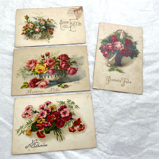1900s antique French postcards lot with vibrant floral bouquets, featuring 'Bonne Fête' and 'Vive Ste Catherine' greetings.