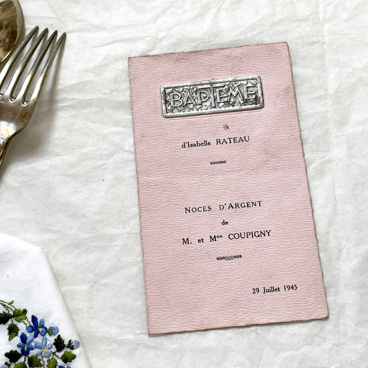 1940s - Vintage French Menu Card - 1945 Baptism & Silver Wedding - Post-War Celebration Ephemera - Historical Event Document