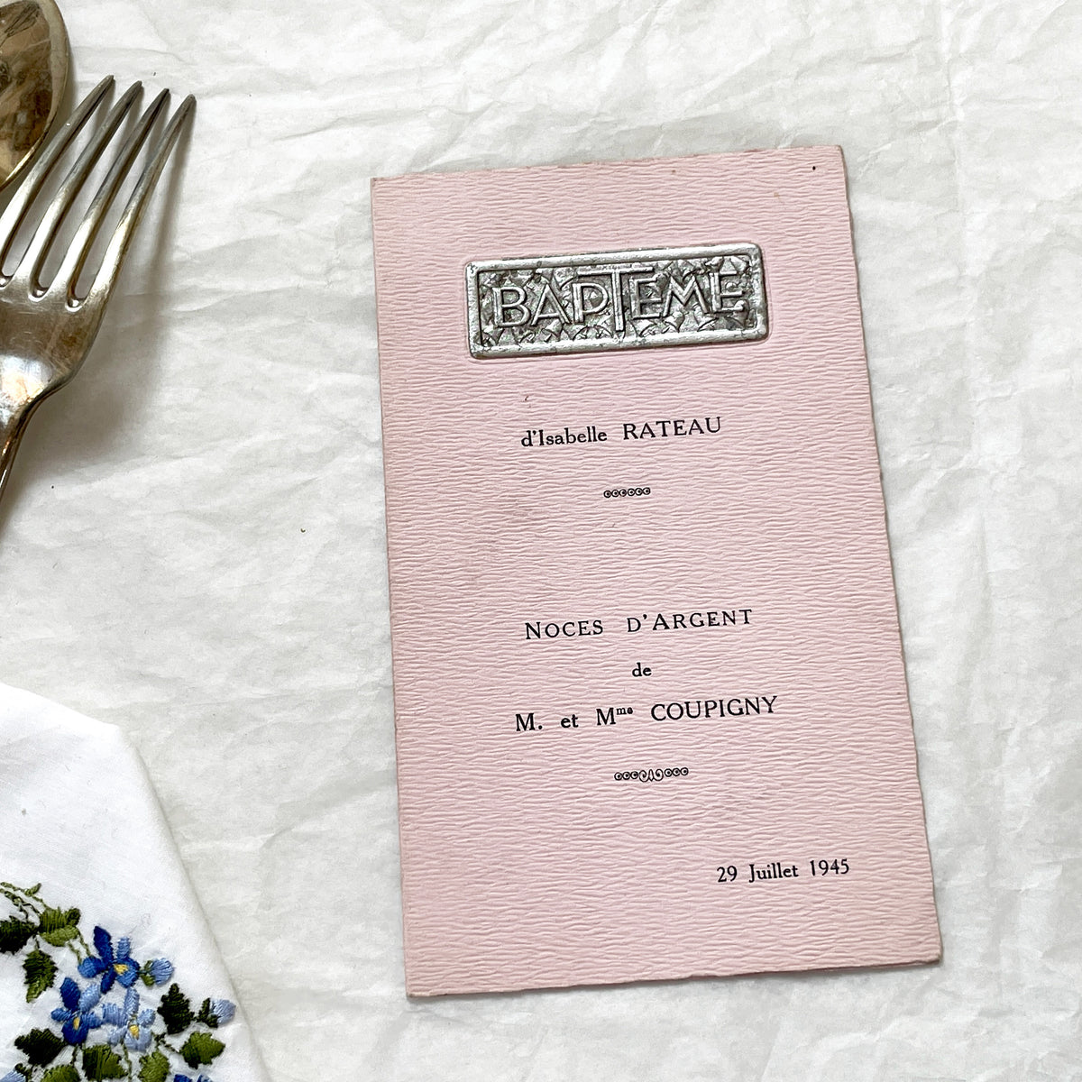 1940s - French Vintage Menu Card - Baptism Isabelle Rateau - Silver Wedding Coupigny - Post-War France Paper Ephemera - Dated 1945