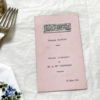 1940s - French Vintage Menu Card - Baptism Isabelle Rateau - Silver Wedding Coupigny - Post-War France Paper Ephemera - Dated 1945
