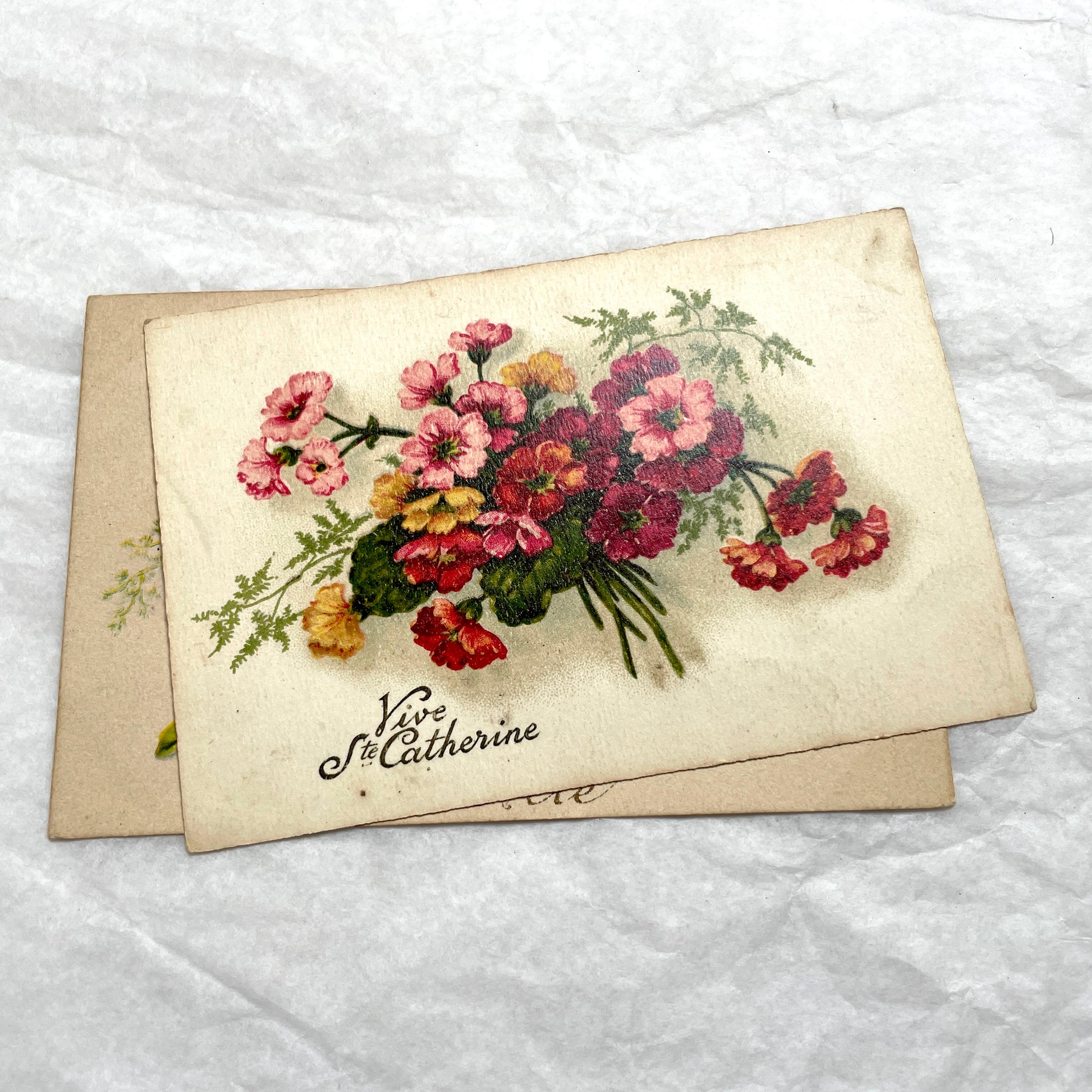 1900s antique French postcards lot with vibrant floral bouquets, featuring 'Bonne Fête' and 'Vive Ste Catherine' greetings.