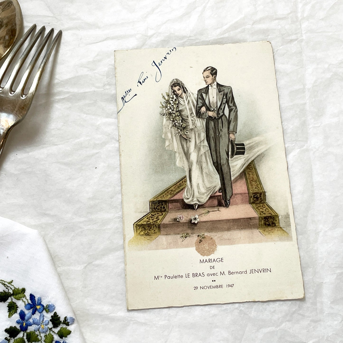 1940s - Vintage French Wedding Celebration Menu - Paulette and Bernard Marriage - Elegant Post-War Document - Historical Culinary Ephemera
