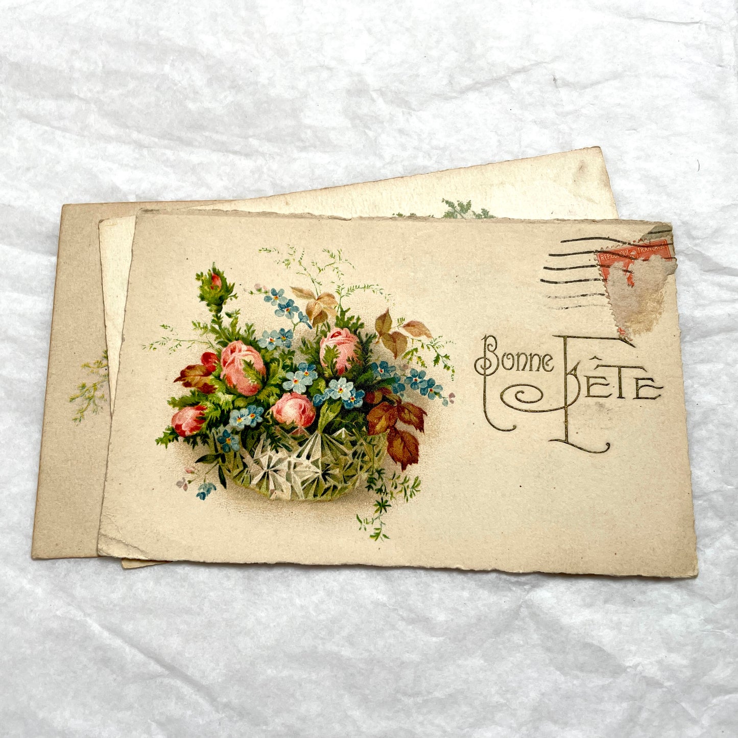 1900s antique French postcards lot with vibrant floral bouquets, featuring 'Bonne Fête' and 'Vive Ste Catherine' greetings.