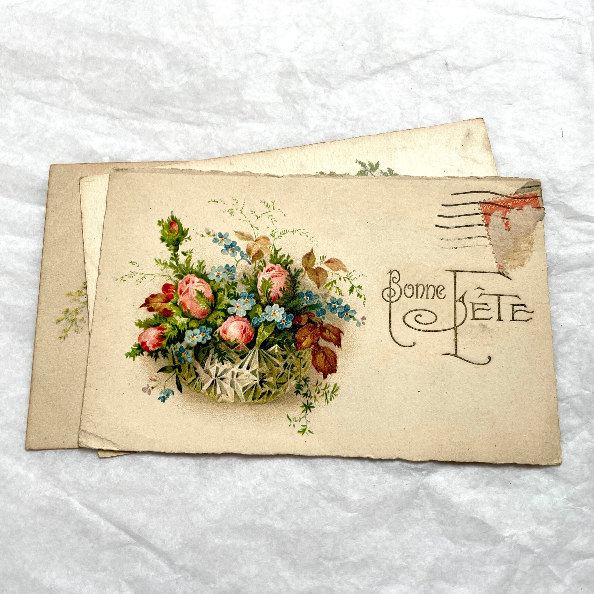 1900s antique French postcards lot with vibrant floral bouquets, featuring 'Bonne Fête' and 'Vive Ste Catherine' greetings.