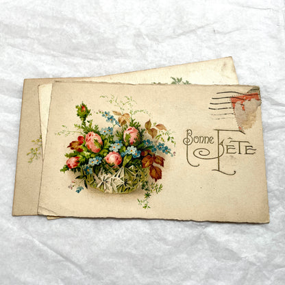 1900s antique French postcards lot with vibrant floral bouquets, featuring 'Bonne Fête' and 'Vive Ste Catherine' greetings.