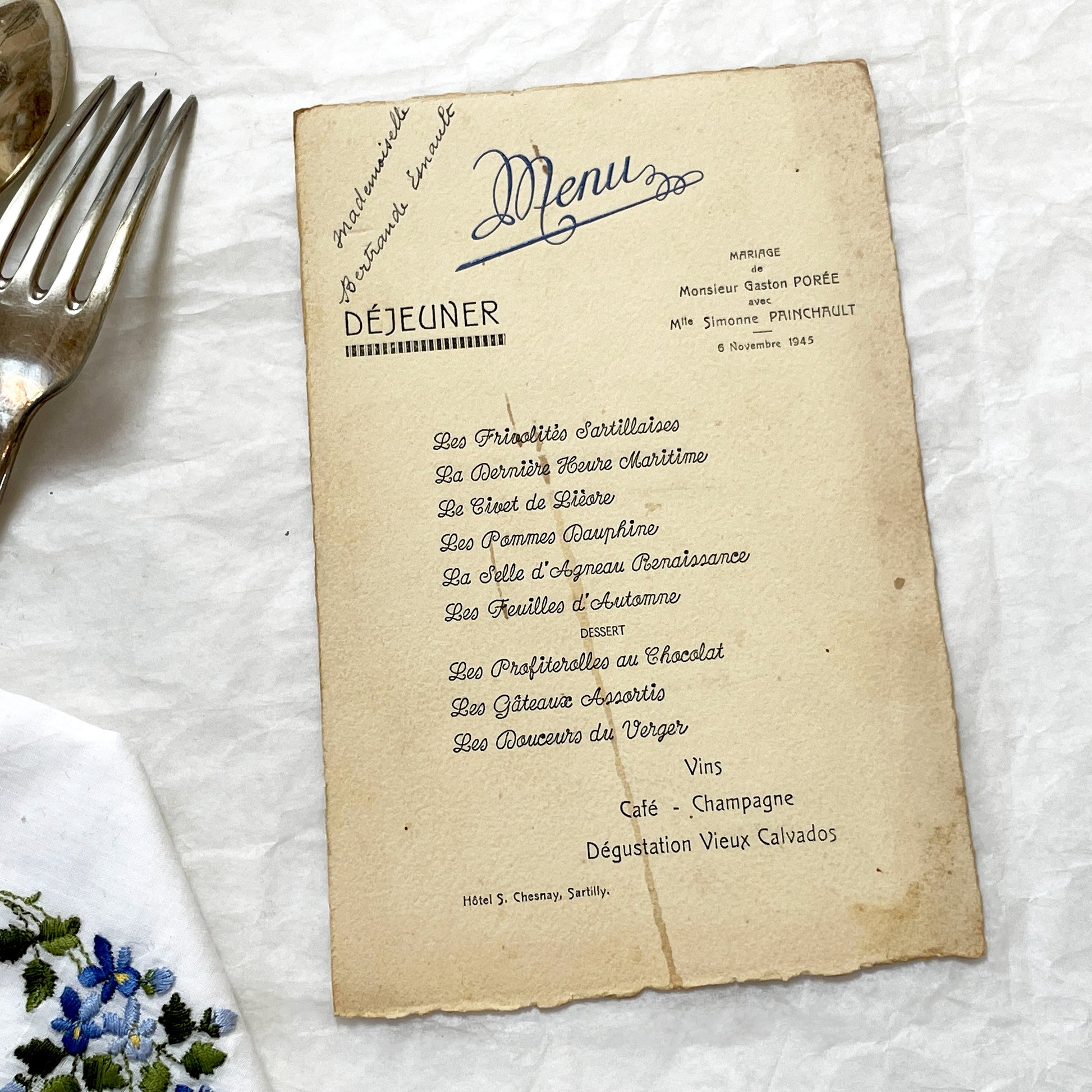 1940s - Vintage French Wedding Menu - Sartilly France - Post War Celebration Memorabilia - Historical Dining Ephemera from 1945