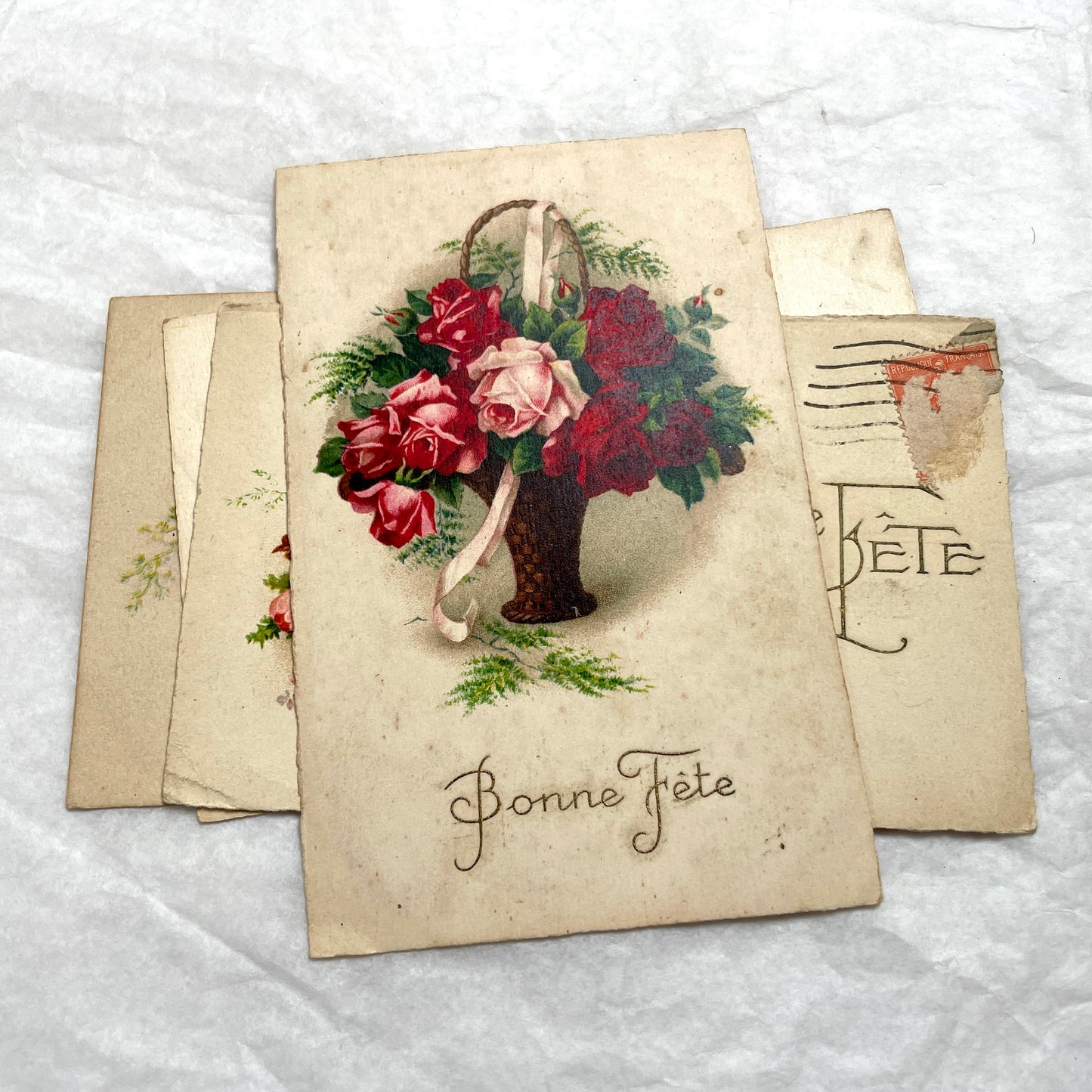 1900s antique French postcards lot with vibrant floral bouquets, featuring 'Bonne Fête' and 'Vive Ste Catherine' greetings.