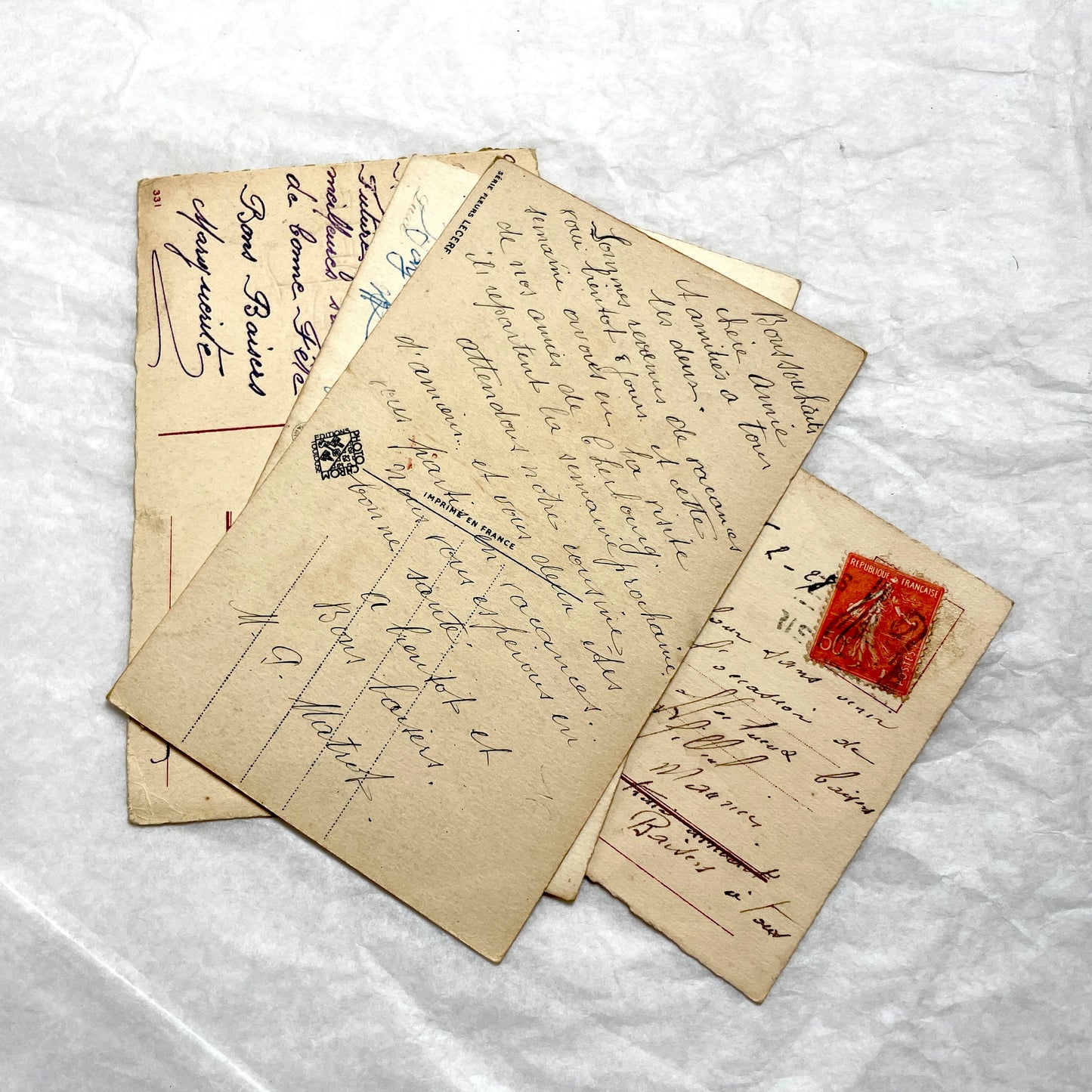 1900s antique French postcards lot with vibrant floral bouquets, featuring 'Bonne Fête' and 'Vive Ste Catherine' greetings.