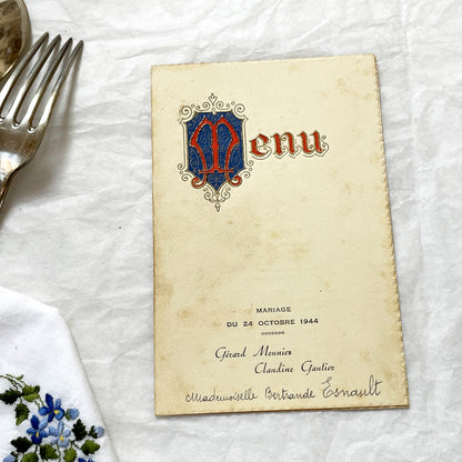 1940s - French Wedding Menu 1944 - Vintage European Ephemera - Wartime Marriage Celebration Dinner Program - Antique Historical Paper