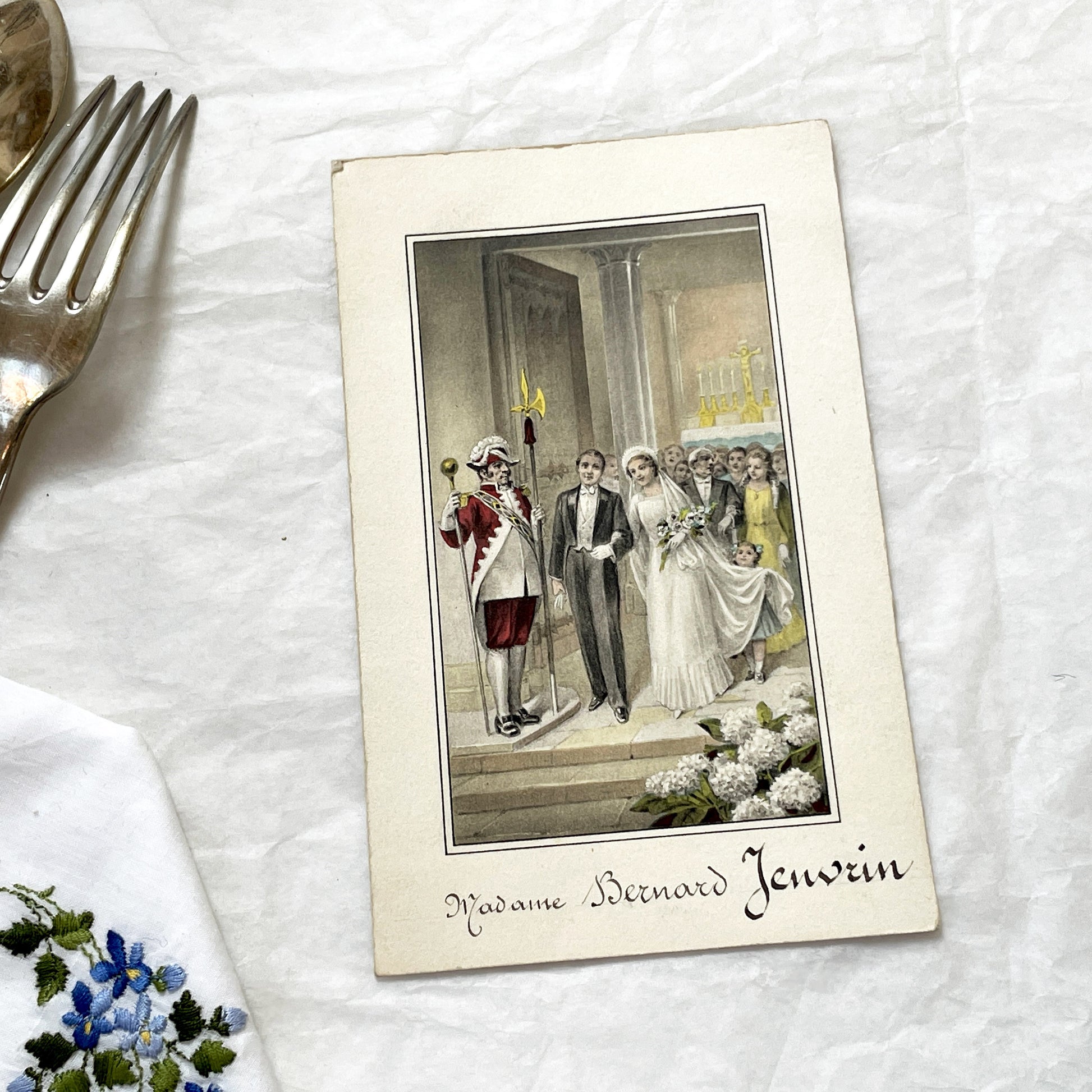1910s - 1940s - French Wedding Ephemera Set - Marriage Menu & Illustrated Card - Christiane and Robert Marriage