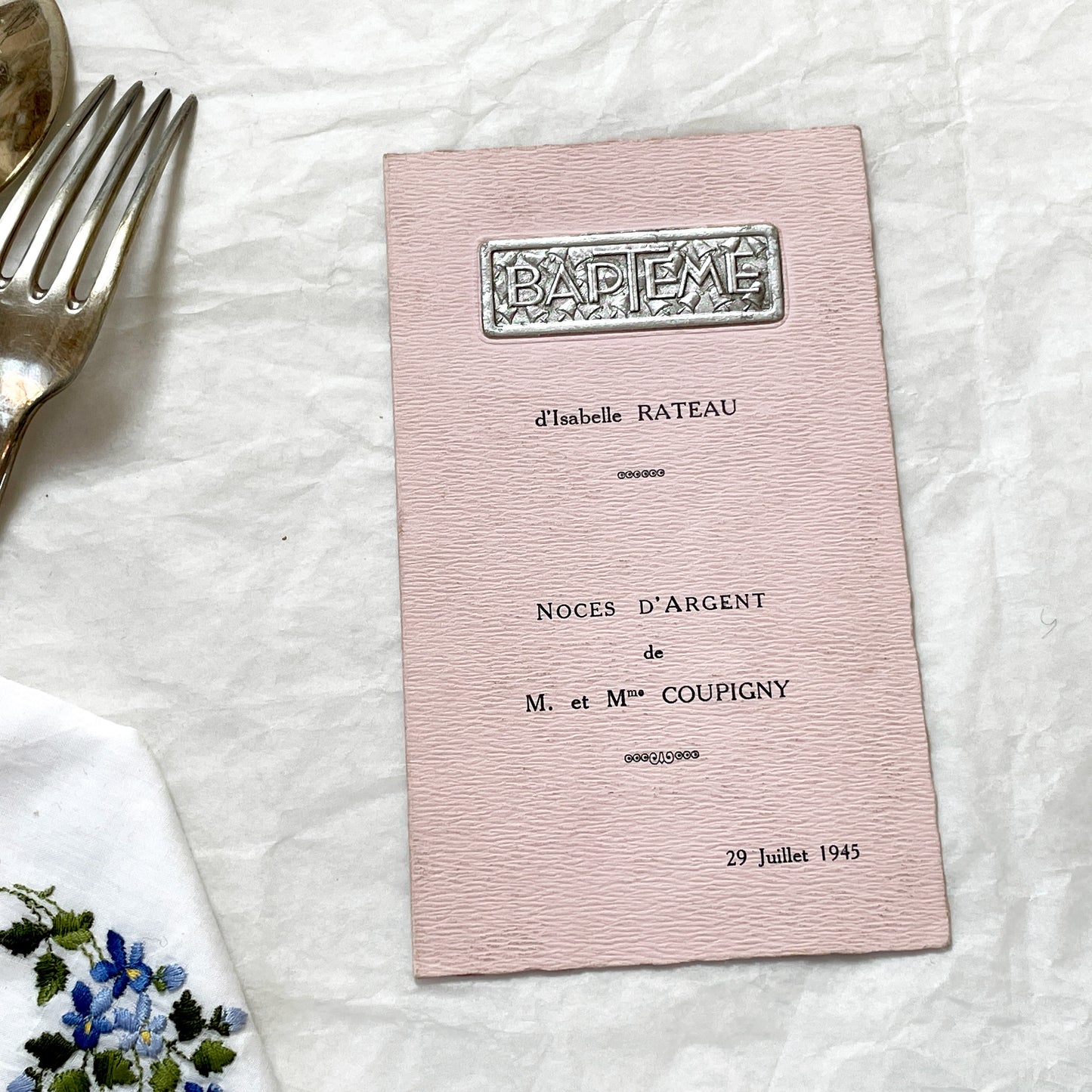 1940s - Rare French Double Celebration Menu - 1945 Baptism Silver Wedding Anniversary - Post WWII Rationing Collectible