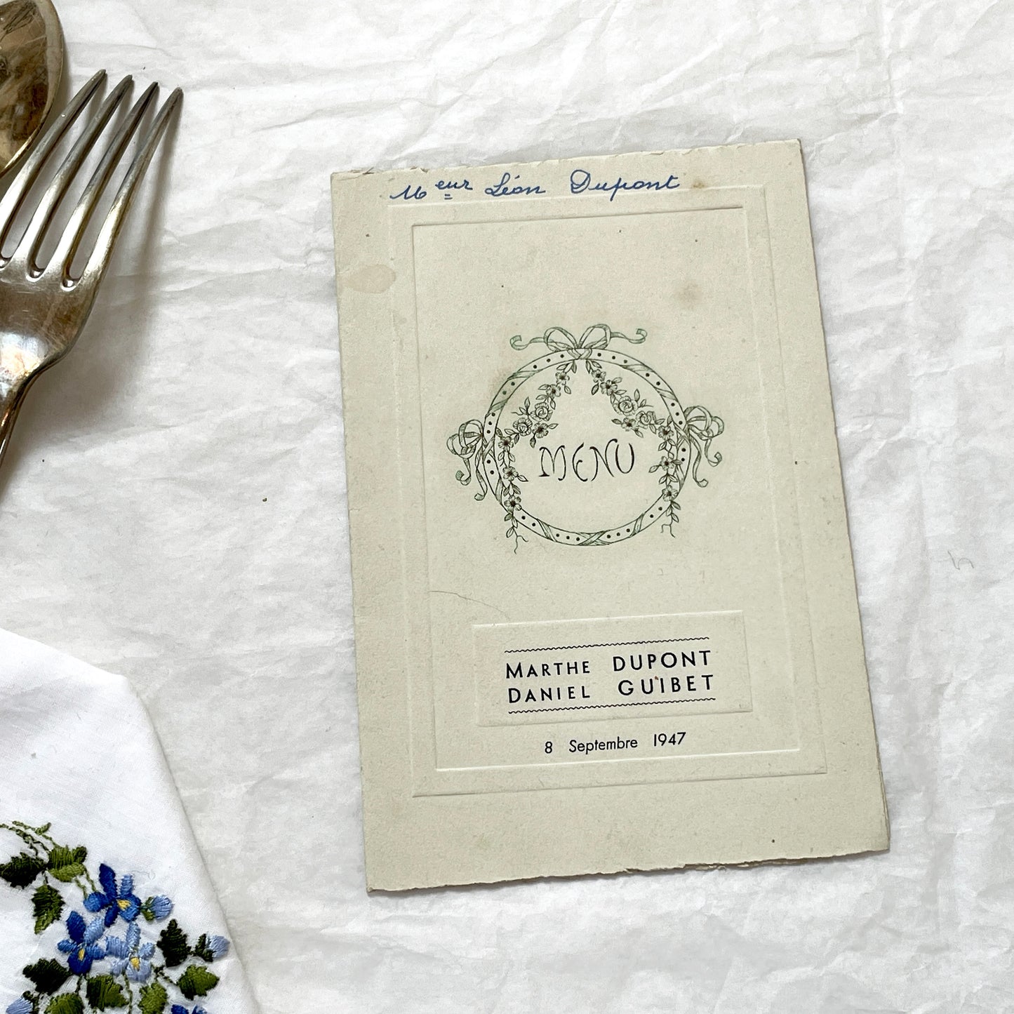 1940s - Vintage French Menu Card - Marthe and Daniel Wedding Reception Meal - September 8, 1947 - Antique Paper Ephemera Collectible