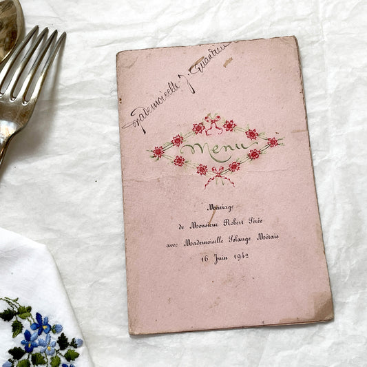 1940s - Vintage French Wedding Menu - 1942 Marriage Program - Historical Paper Ephemera - Robert and Solange Celebration Keepsake