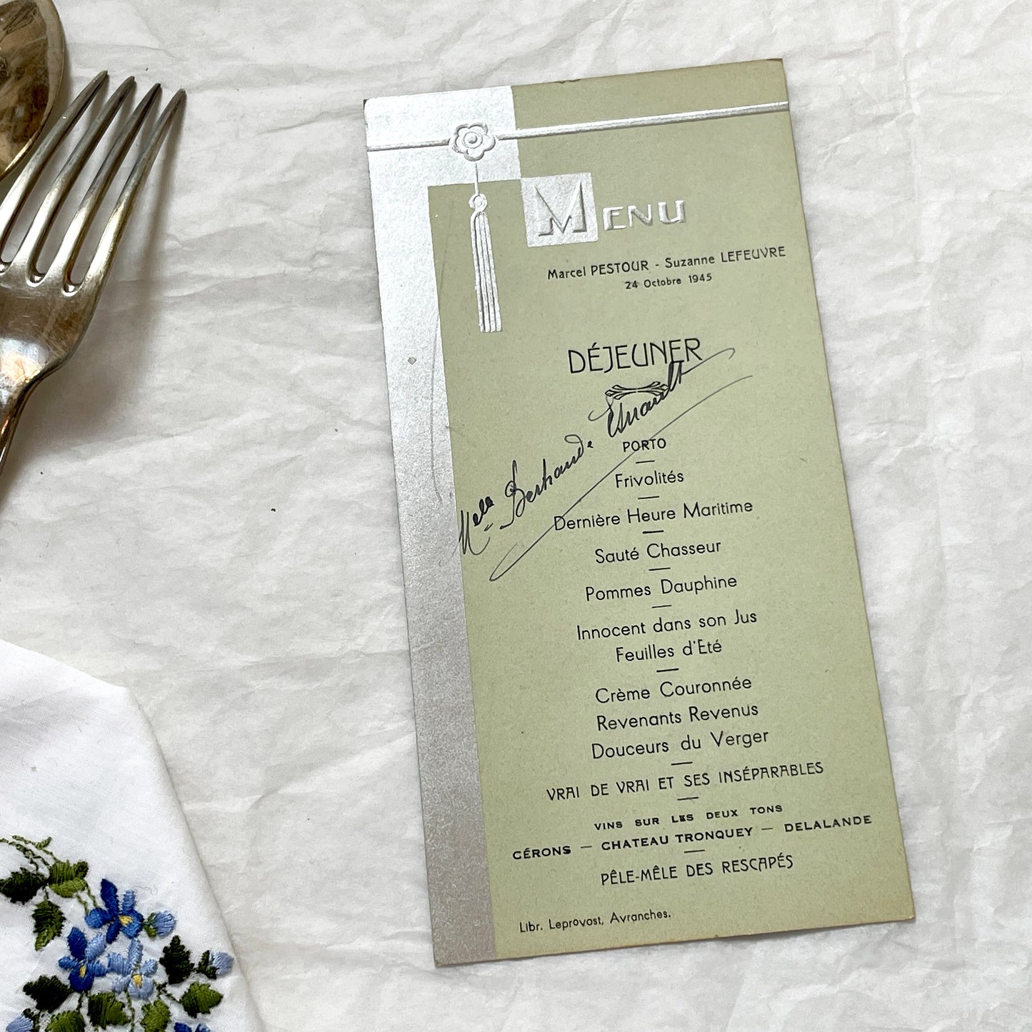 1940s - Vintage French Menu Card - Marcel and Suzanne Meal - Avranches Normandy - WWII Post-War Celebration - Unique Original Ephemera