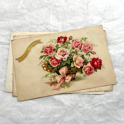 Four 1900s French vintage postcards with beautiful pink and red rose floral designs and 'St Catherine' banners.