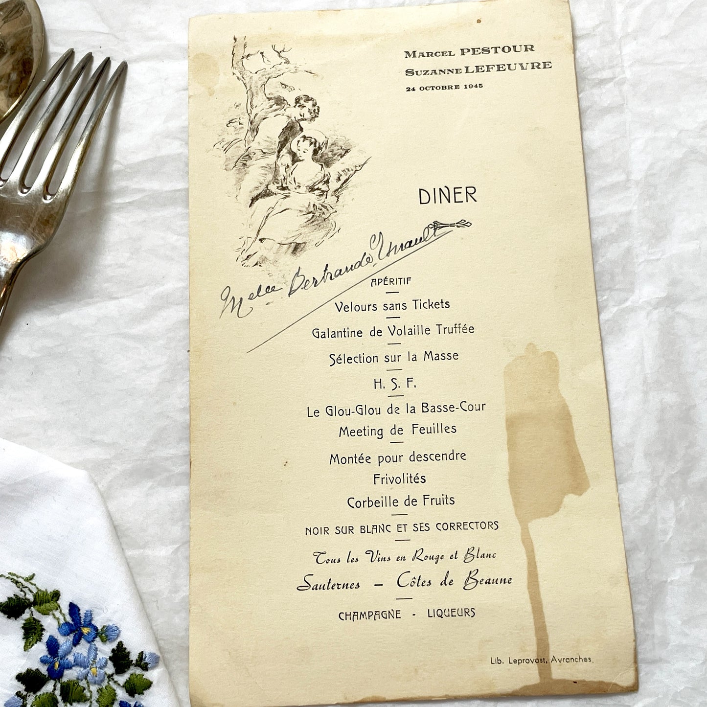 1940s - Vintage French Dinner Menu - Marcel Pestour Suzanne Lefeuvre - Post-WWII Avranches - Ornate Illustration - Historic Paper Ephemera