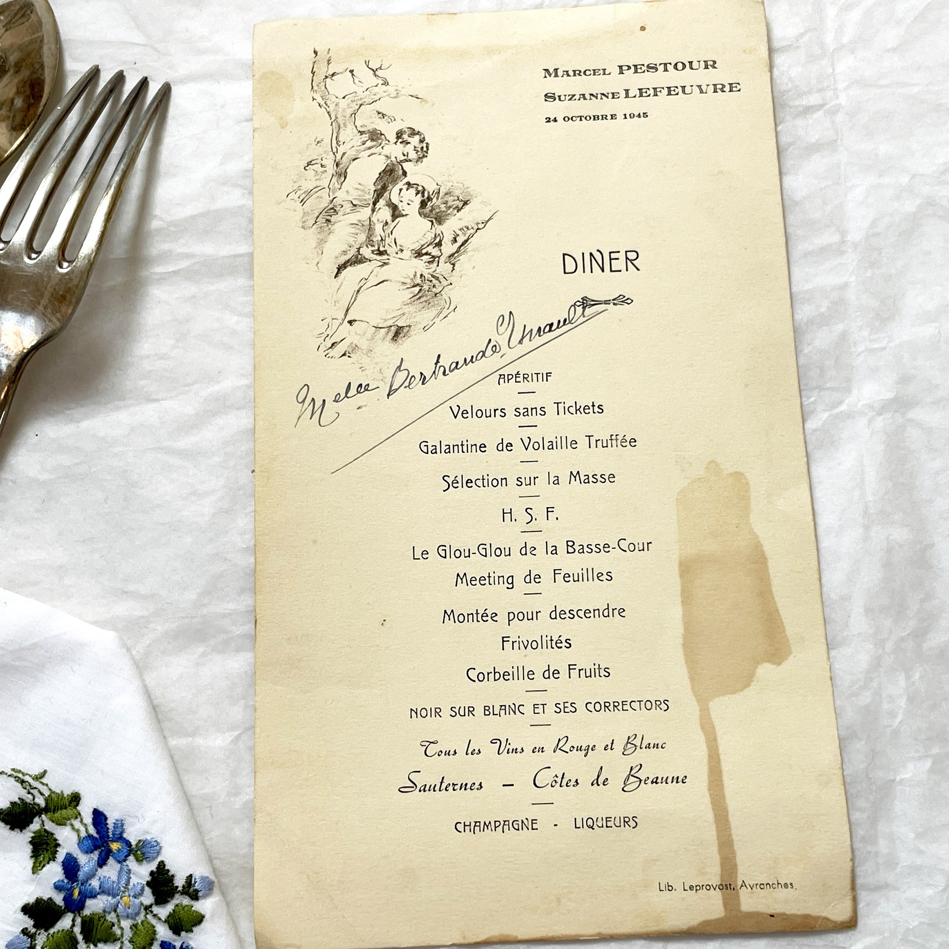 1940s - Vintage French Dinner Menu - Marcel Pestour Suzanne Lefeuvre - Post-WWII Avranches - Ornate Illustration - Historic Paper Ephemera