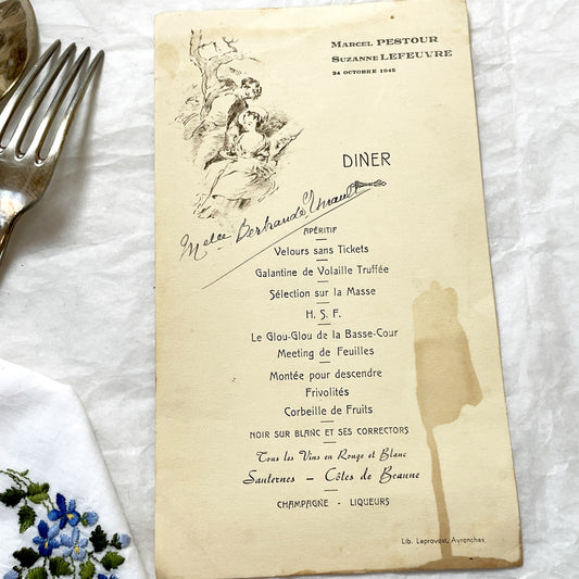 1940s - Vintage French Dinner Menu - Marcel Pestour Suzanne Lefeuvre - Post-WWII Avranches - Ornate Illustration - Historic Paper Ephemera