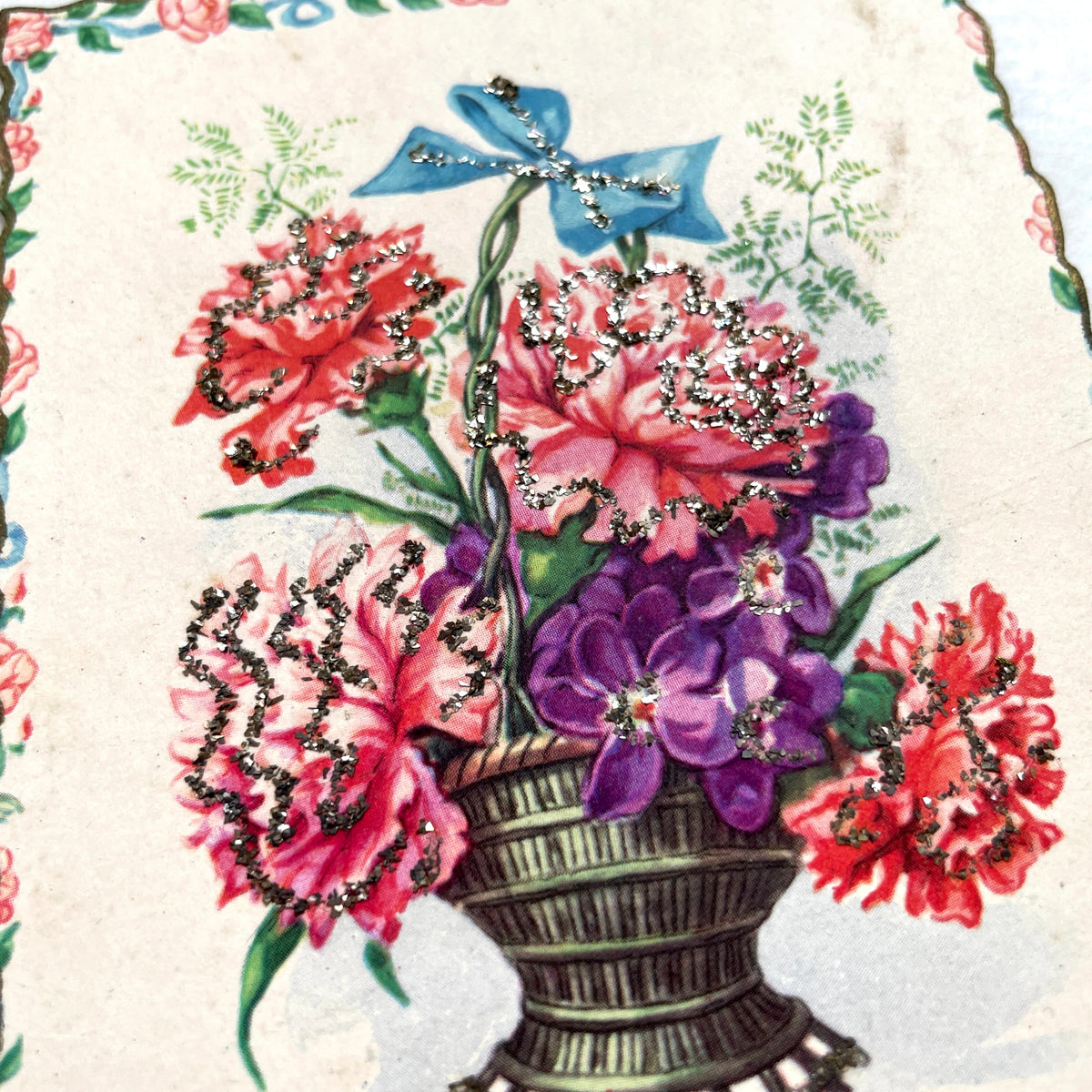 1950s French decorative card lot with floral baskets, glitter accents, and 'Vive Ste Catherine' inscription.