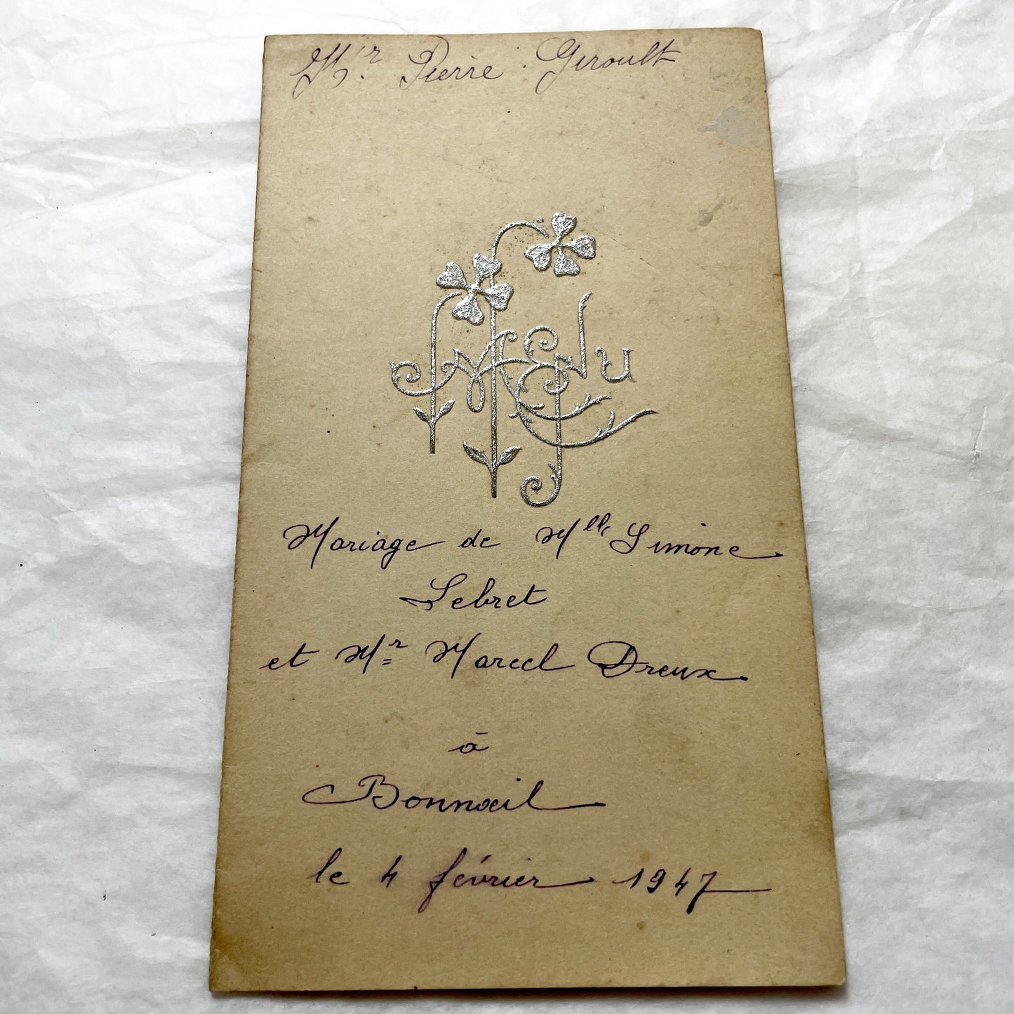 1940s - Vintage French Wedding Menu Card - Antique Bridal Dinner Lunch - Special Event Ephemera - 1947 - Simone and Marcel Marriage