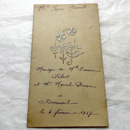 1940s - Vintage French Wedding Menu Card - Antique Bridal Dinner Lunch - Special Event Ephemera - 1947 - Simone and Marcel Marriage