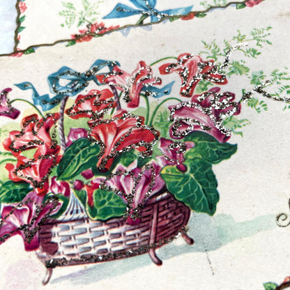 1950s French decorative card lot with floral baskets, glitter accents, and 'Vive Ste Catherine' inscription.