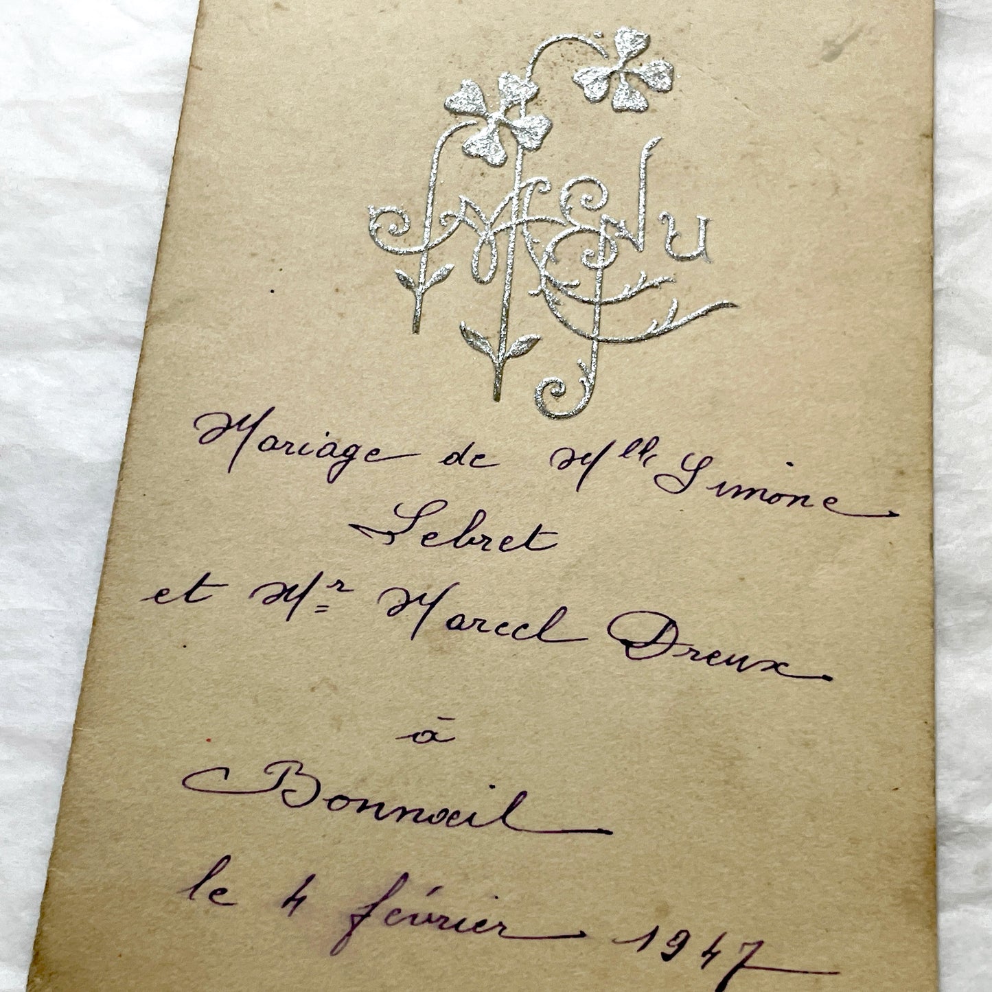 1940s - Vintage French Wedding Menu Card - Antique Bridal Dinner Lunch - Special Event Ephemera - 1947 - Simone and Marcel Marriage