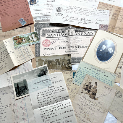 1920s French Ephemera Lot with vintage paper documents, old letters, invoices, postcards, photos, and stamps.